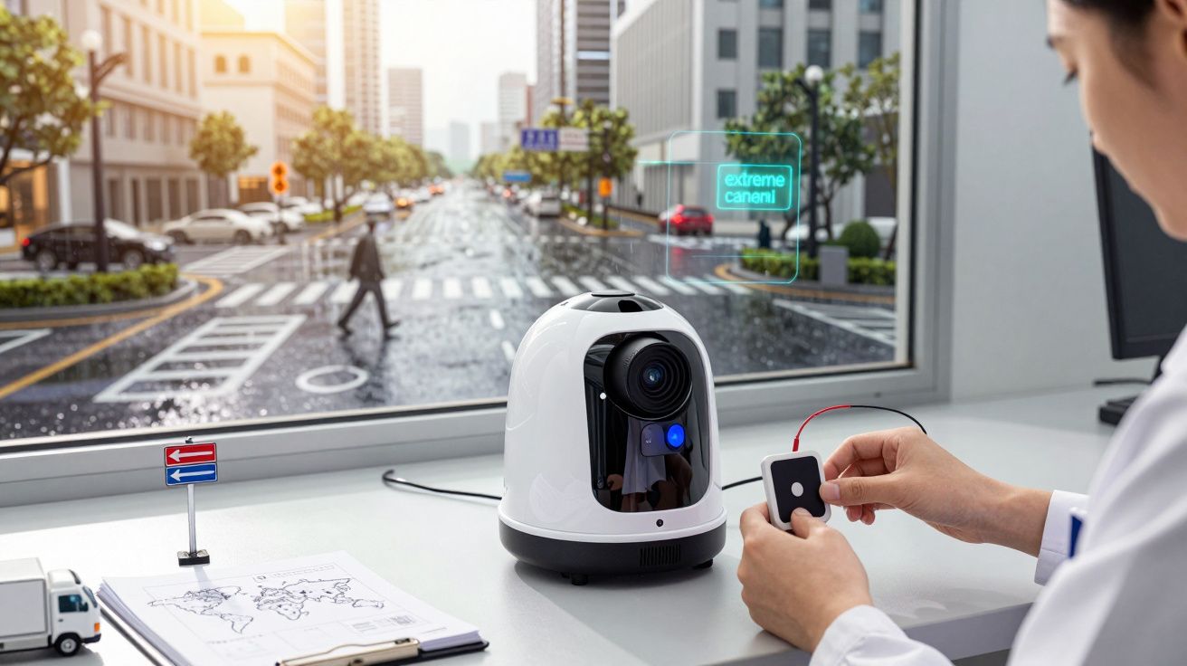 Pessoa a operar uma câmara de segurança numa mesa, com janela mostrando uma rua movimentada ao fundo.