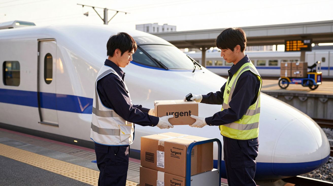 Funcionários transferem encomendas junto a um comboio de alta velocidade numa plataforma.