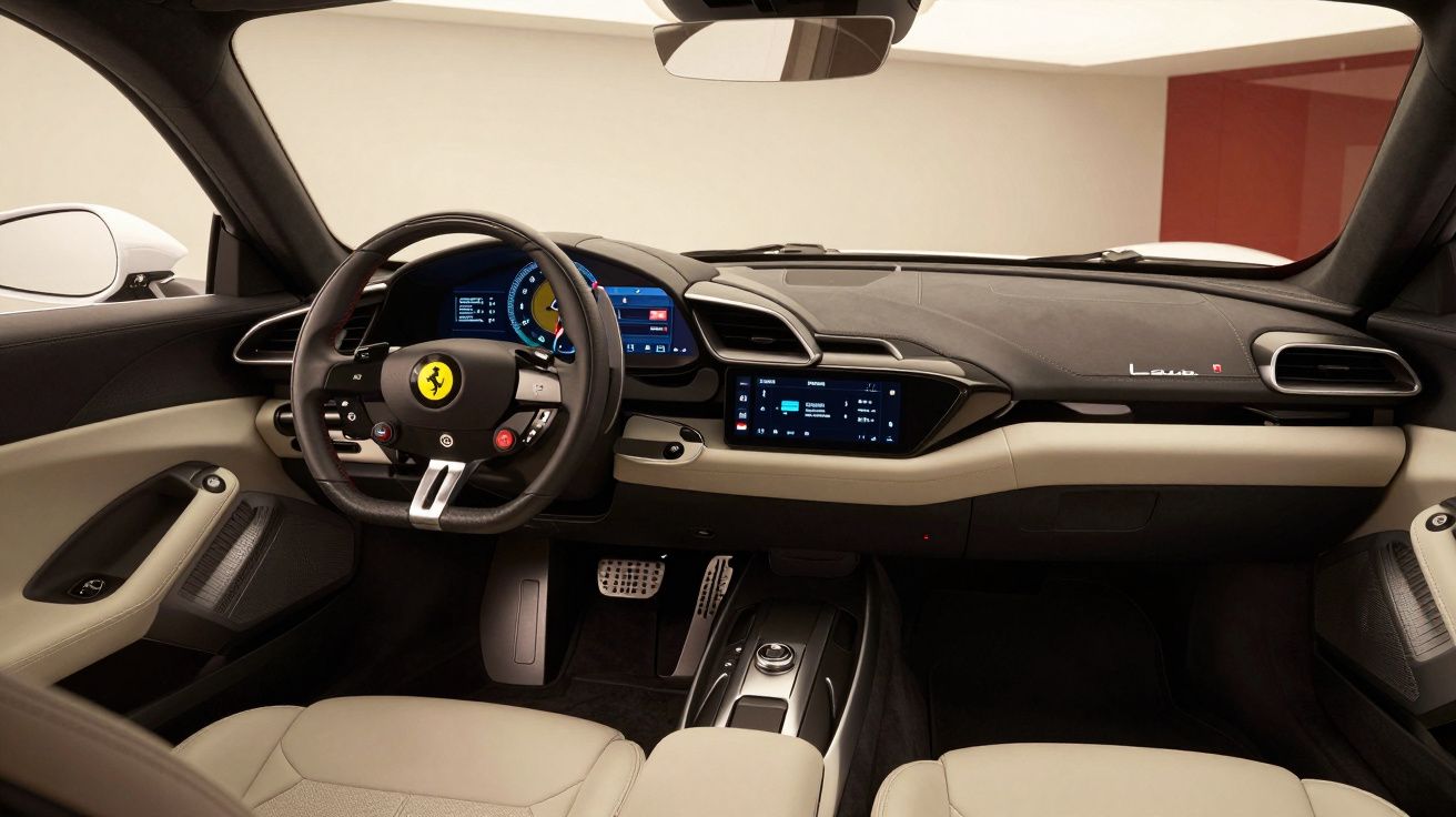 Interior de um carro esportivo de luxo, com volante, mostradores digitais e estofos de couro bege e preto.