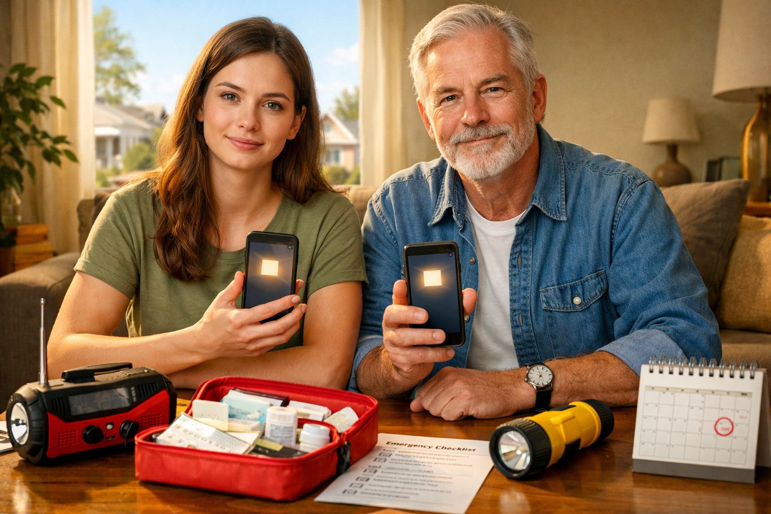 Casal sentado numa sala com rádios, kit de primeiros socorros e lanternas, mostrando os telemóveis com ecrãs acesos.