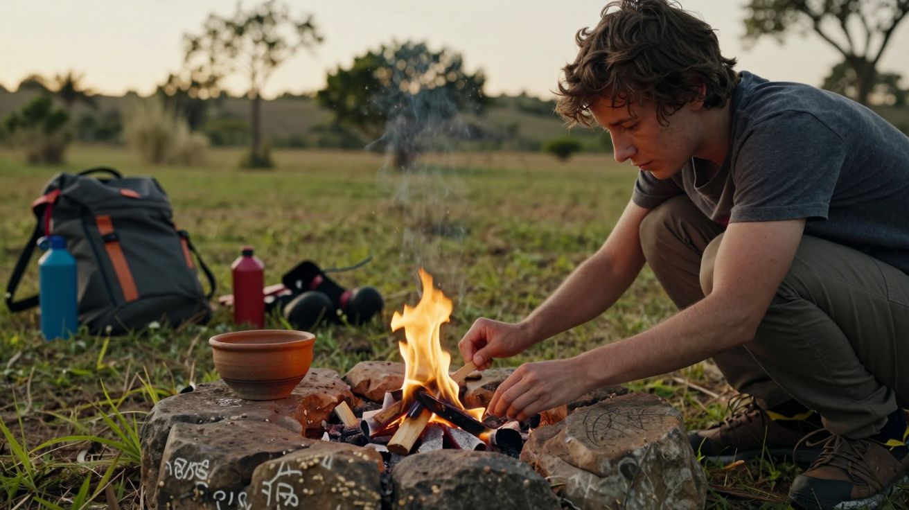 Homem acendendo fogueira no campo, com mochila e garrafas ao fundo durante o pôr do sol.