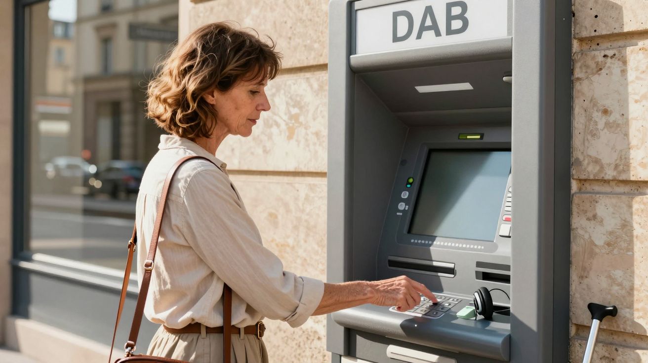 Mulher usando uma caixa multibanco ao ar livre em área urbana.