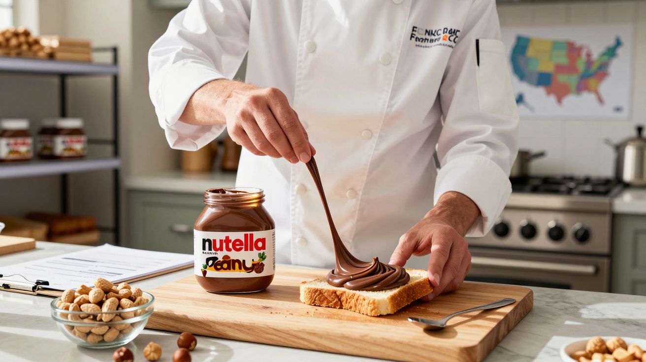 Chefe a barrar Nutella numa fatia de pão na cozinha, com frascos ao fundo.