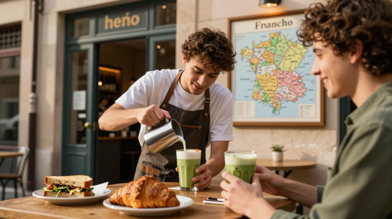 Barista serve uma bebida verde a dois clientes numa esplanada com sanduíche e croissant sobre a mesa.