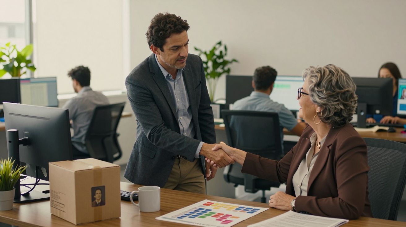 Homem e mulher a apertar as mãos num escritório, com funcionários ao fundo e uma caixa sobre a mesa.