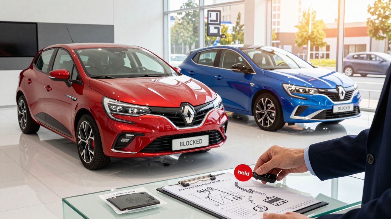 Dois carros Renault num stand, um vermelho e um azul, com uma pessoa segurando um dispositivo e ficha técnica.