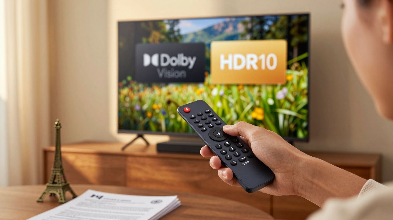 Pessoa usa comando remoto frente a TV, com logótipos Dolby Vision e HDR10 no ecrã.