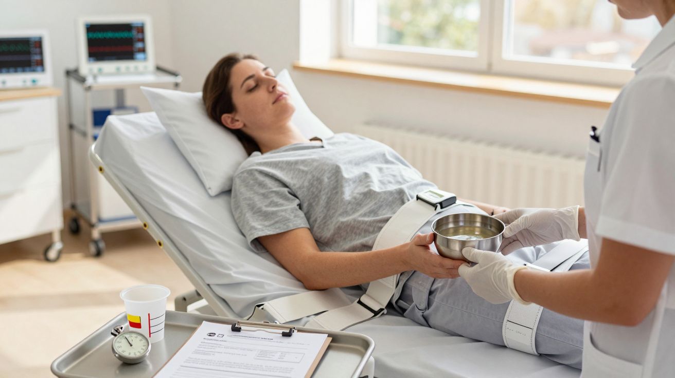 Paciente deitada num leito de hospital enquanto profissional de saúde segura um recipiente. Monitores ao fundo.