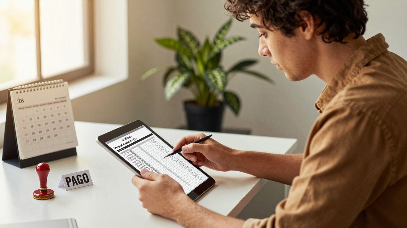 Homem a usar tablet com documentos financeiros, planta ao fundo na mesa com carimbo "Pago" e calendário.
