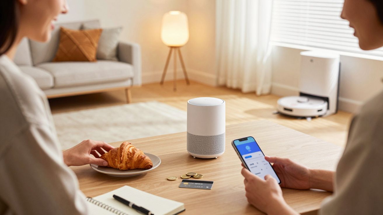 Duas pessoas numa sala, uma segura telemóvel e outra come croissant. Assistente virtual e aspirador robô na mesa.