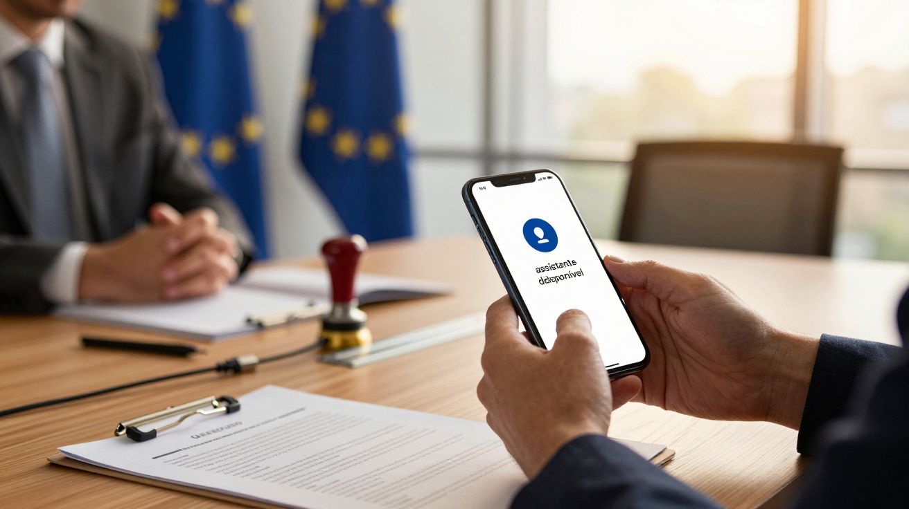 Homem com smartphone, aplicativo de assistência aberto, num escritório com bandeiras da União Europeia ao fundo.