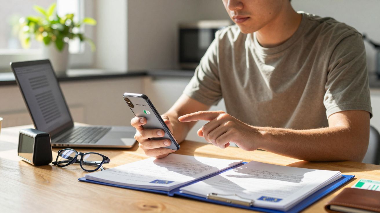 Pessoa usando smartphone enquanto estuda com portátil e documentos numa mesa de madeira iluminada pelo sol.