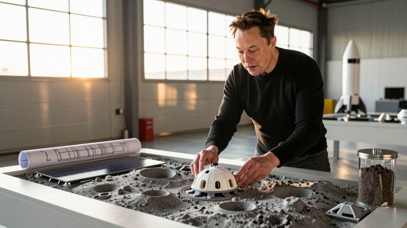 Homem analisa maquete de base lunar em sala ampla com janelas grandes.