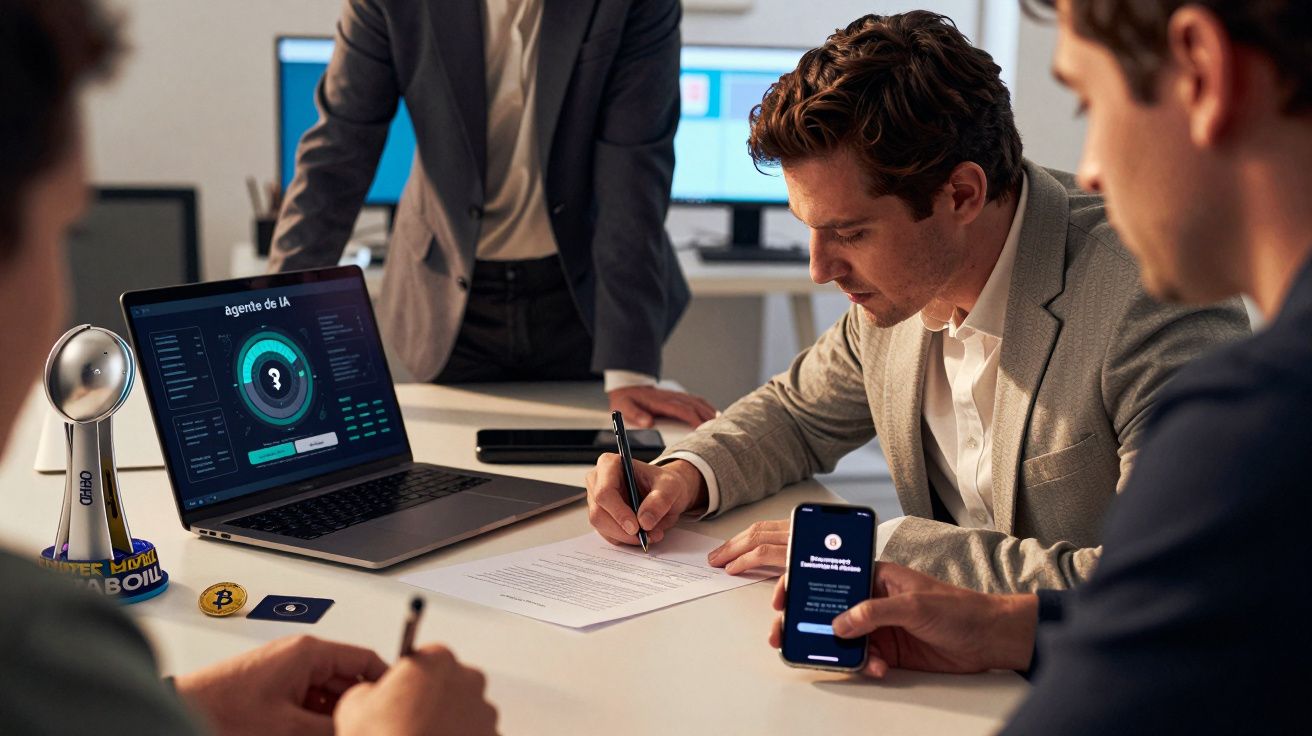 Homens em reunião de negócios, com portátil e smartphone sobre a mesa, analisando dados.