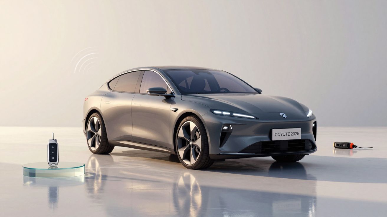 Carro elétrico cinzento com design futurista em estúdio, chave e carregador ao lado, fundo claro.