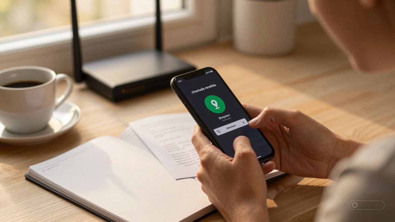Pessoa segurando smartphone com app ligado, caderno aberto e chá, em fundo de mesa de trabalho perto de janela.