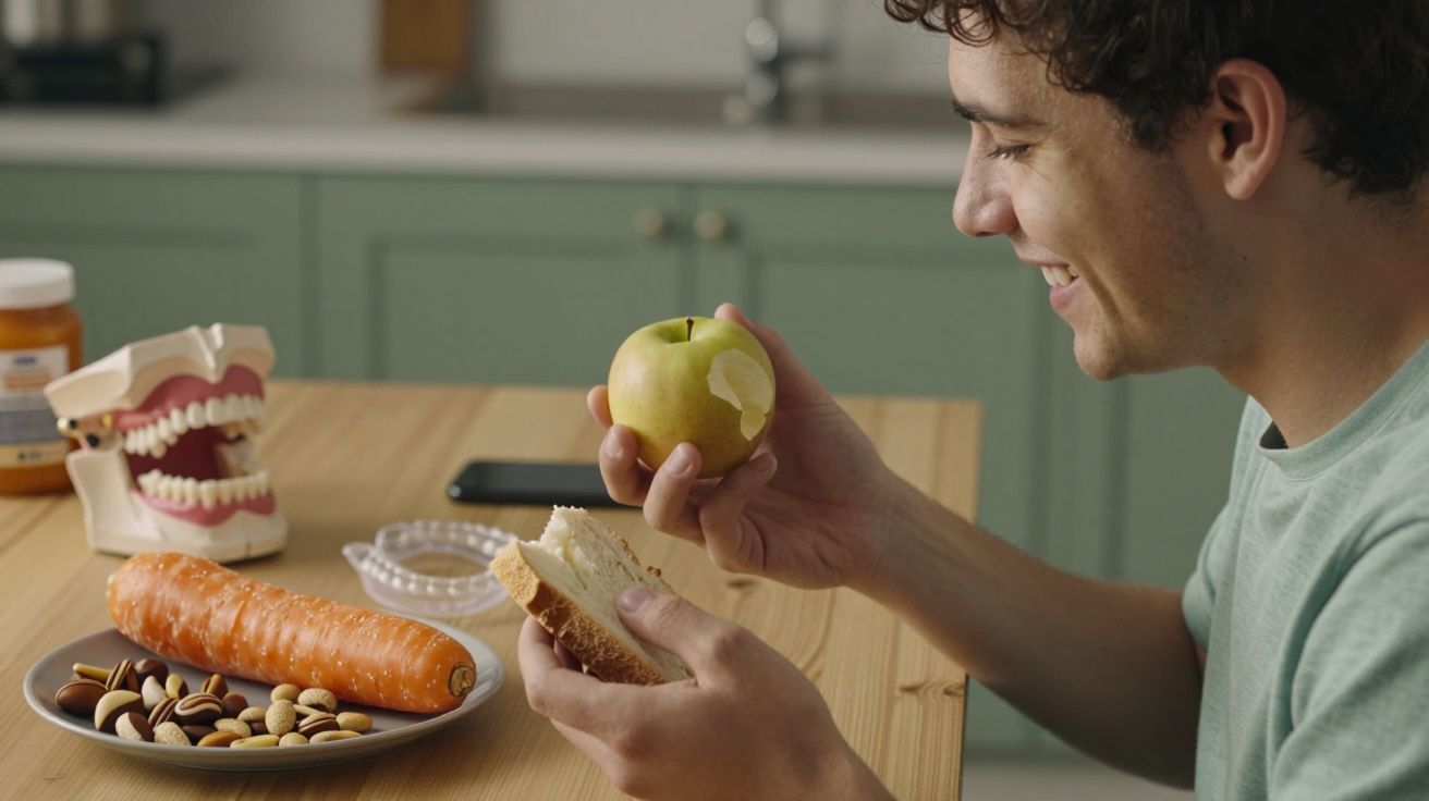 Homem sorridente segurando uma maçã e sanduíche, com prato de frutas secas e cenoura, modelo de dentes ao lado.