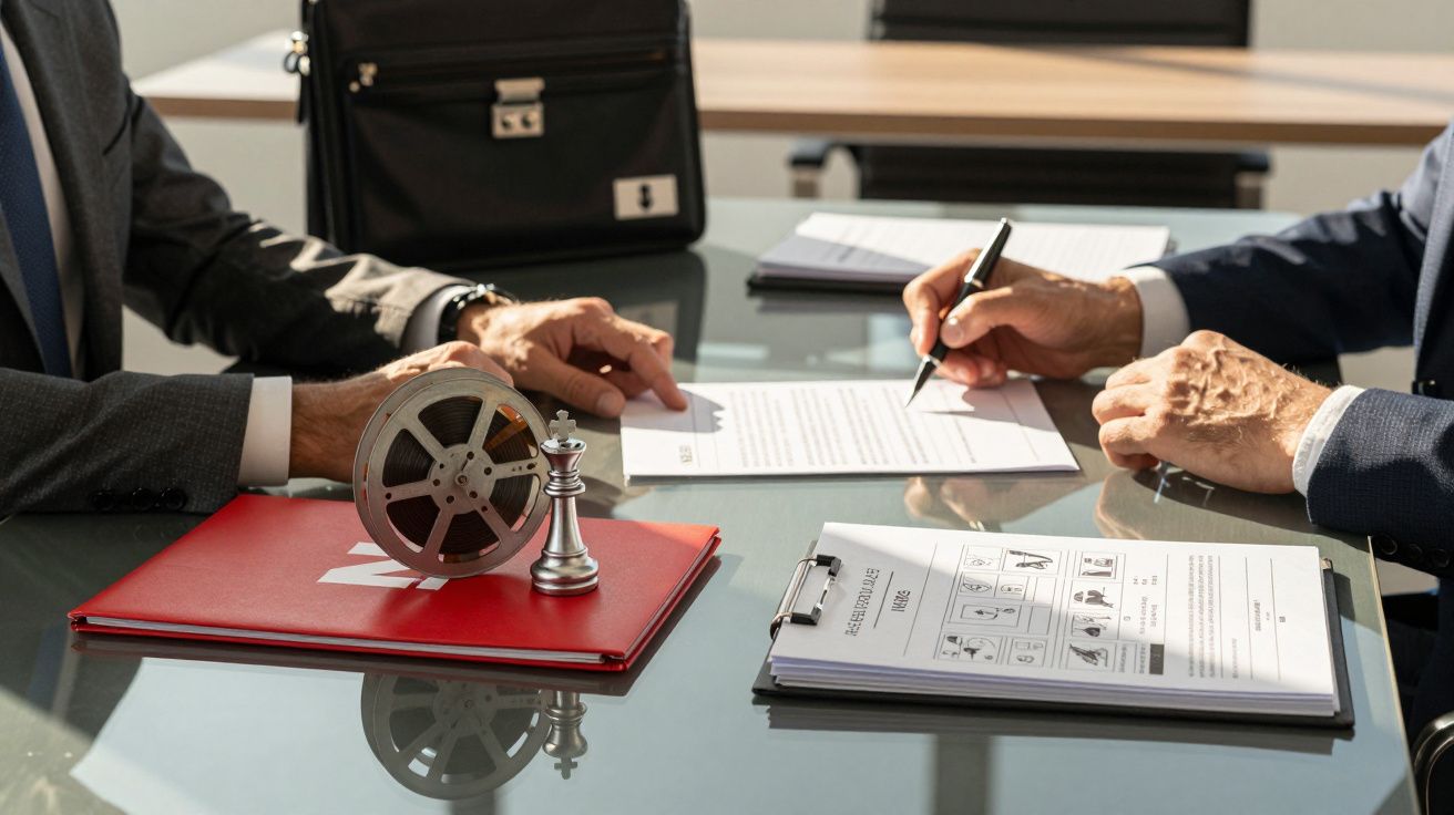 Dois homens em fatos assinam documentos numa mesa de escritório, rodeados por uma pasta vermelha e um carimbo.