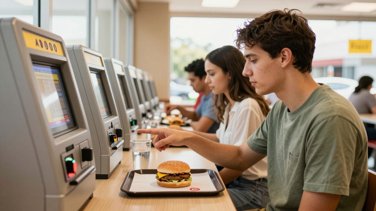 Jovens a usarem quiosques digitais num restaurante de fast-food, com hambúrgueres à frente.