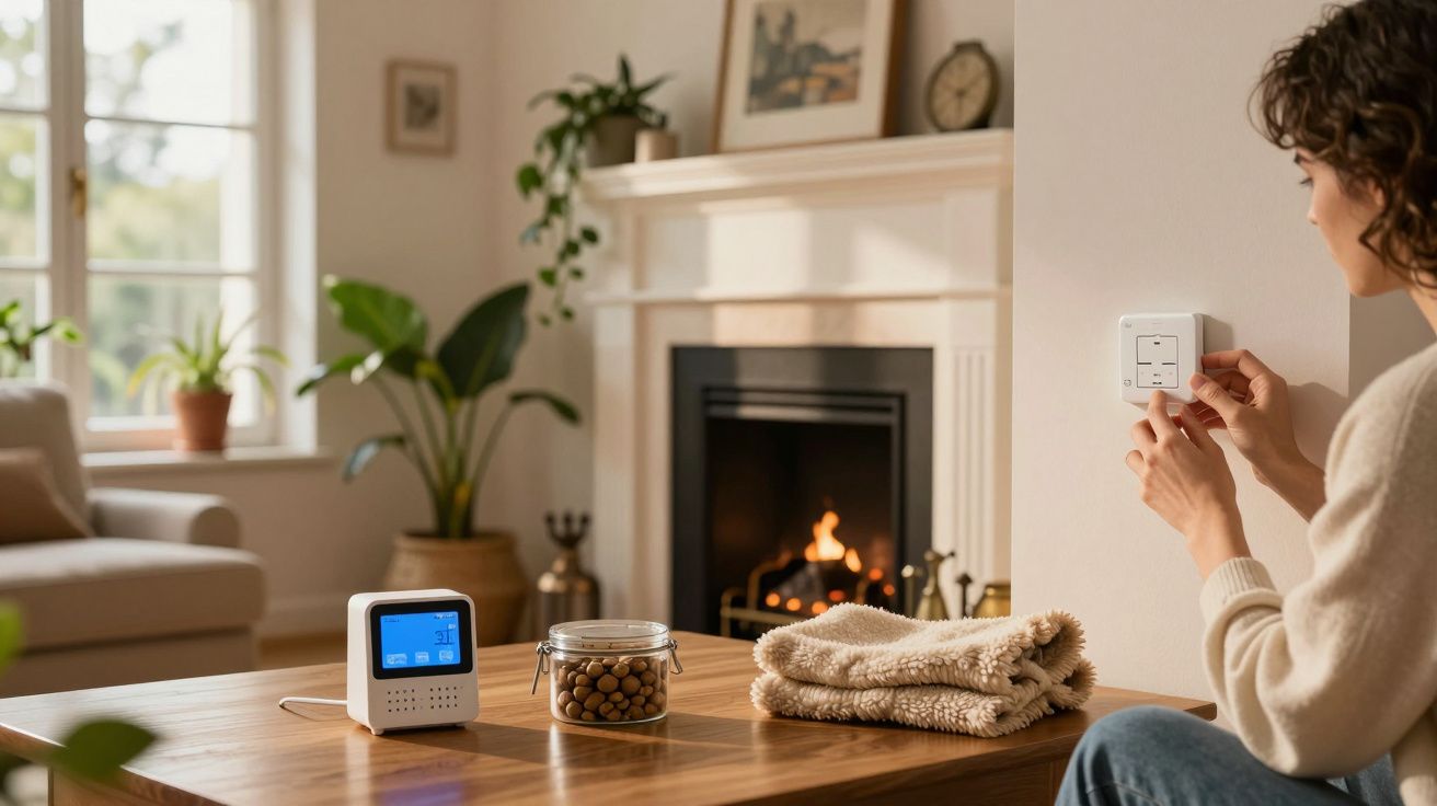 Mulher ajustando termóstato na parede, com lareira acesa ao fundo e mesa com jarra de nozes.