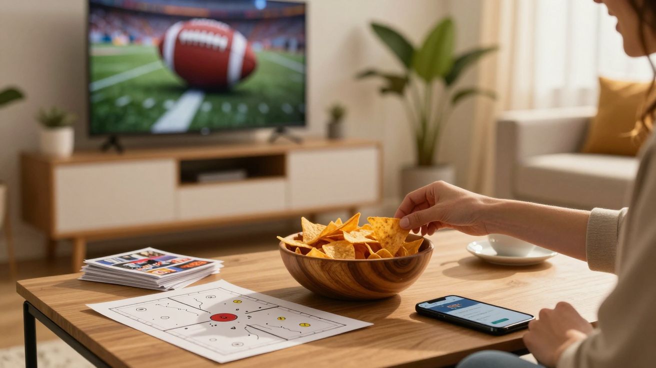 Pessoa a pegar nachos numa taça, telemóvel e papéis na mesa, TV ligada com um jogo de futebol americano ao fundo.