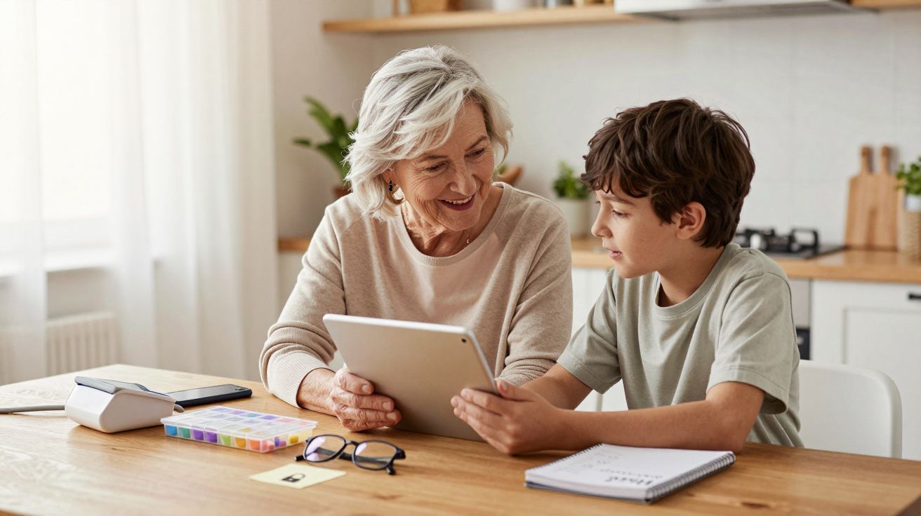 Idosa e criança usam tablet juntos numa cozinha, mesa com caderno e óculos ao lado.