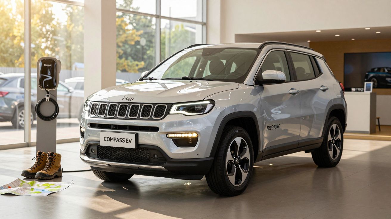 Jeep Compass EV branco num showroom, ligado a um posto de carregamento elétrico.