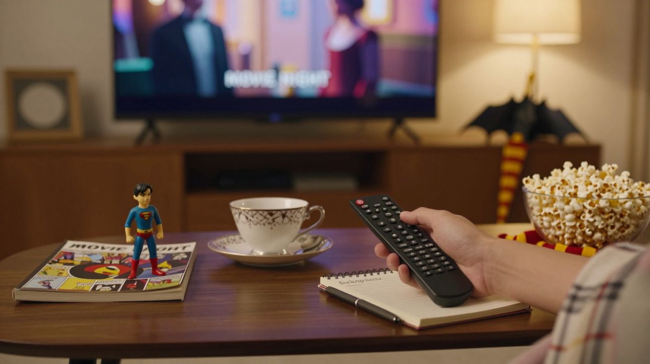 Pessoa com comando à distância, chá e pipocas numa sala, com televisão ligada no fundo.