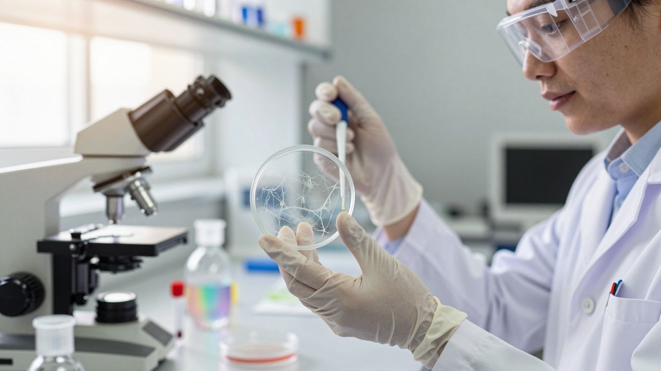 Cientista analisa amostra em placa de Petri com pipeta em laboratório, usando óculos de proteção e luvas.