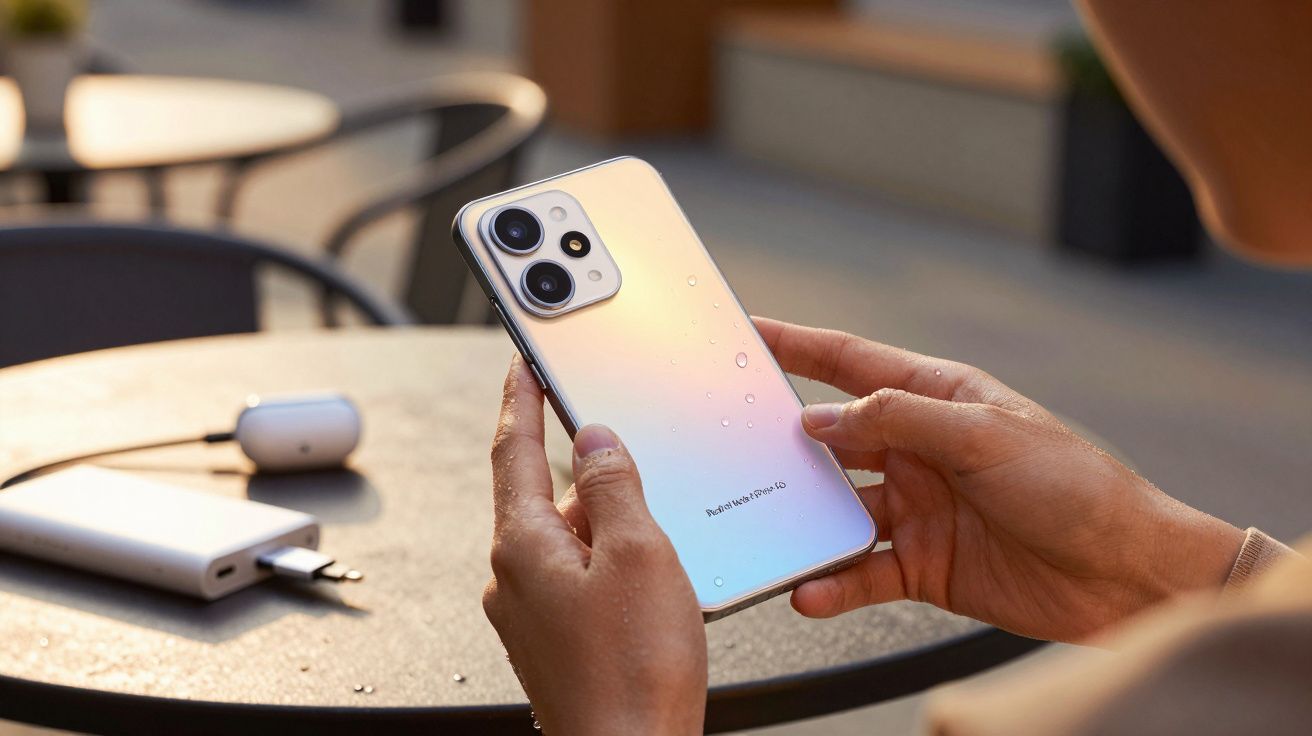 Pessoa segura um smartphone moderno com capa iridescente e três câmaras, numa esplanada ensolarada.