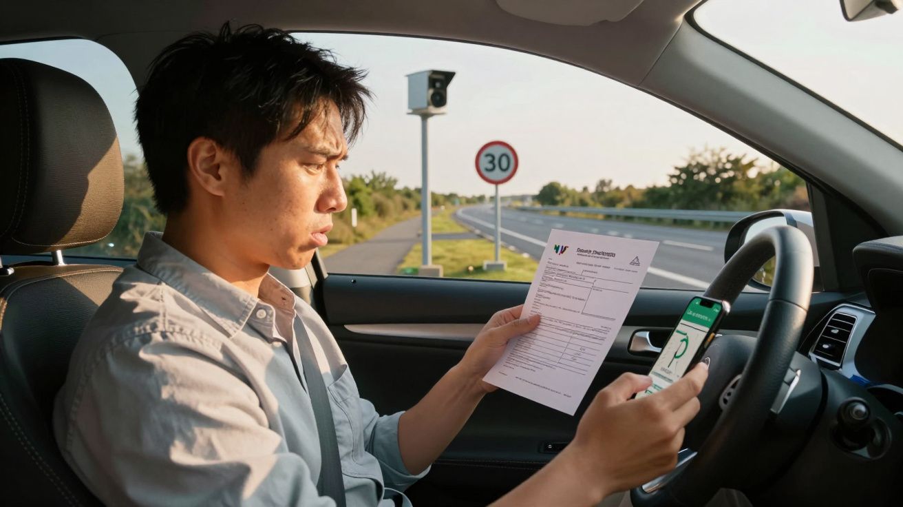 Homem num carro a ler uma carta de multa e a verificar o telemóvel, numa estrada com limite de velocidade de 30 km/h.