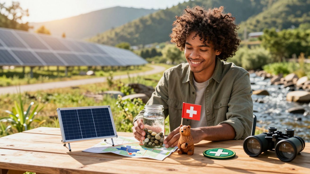 Homem sorridente sentado à mesa em ambiente natural com mapa, painel solar e binóculos. Painéis solares ao fundo.