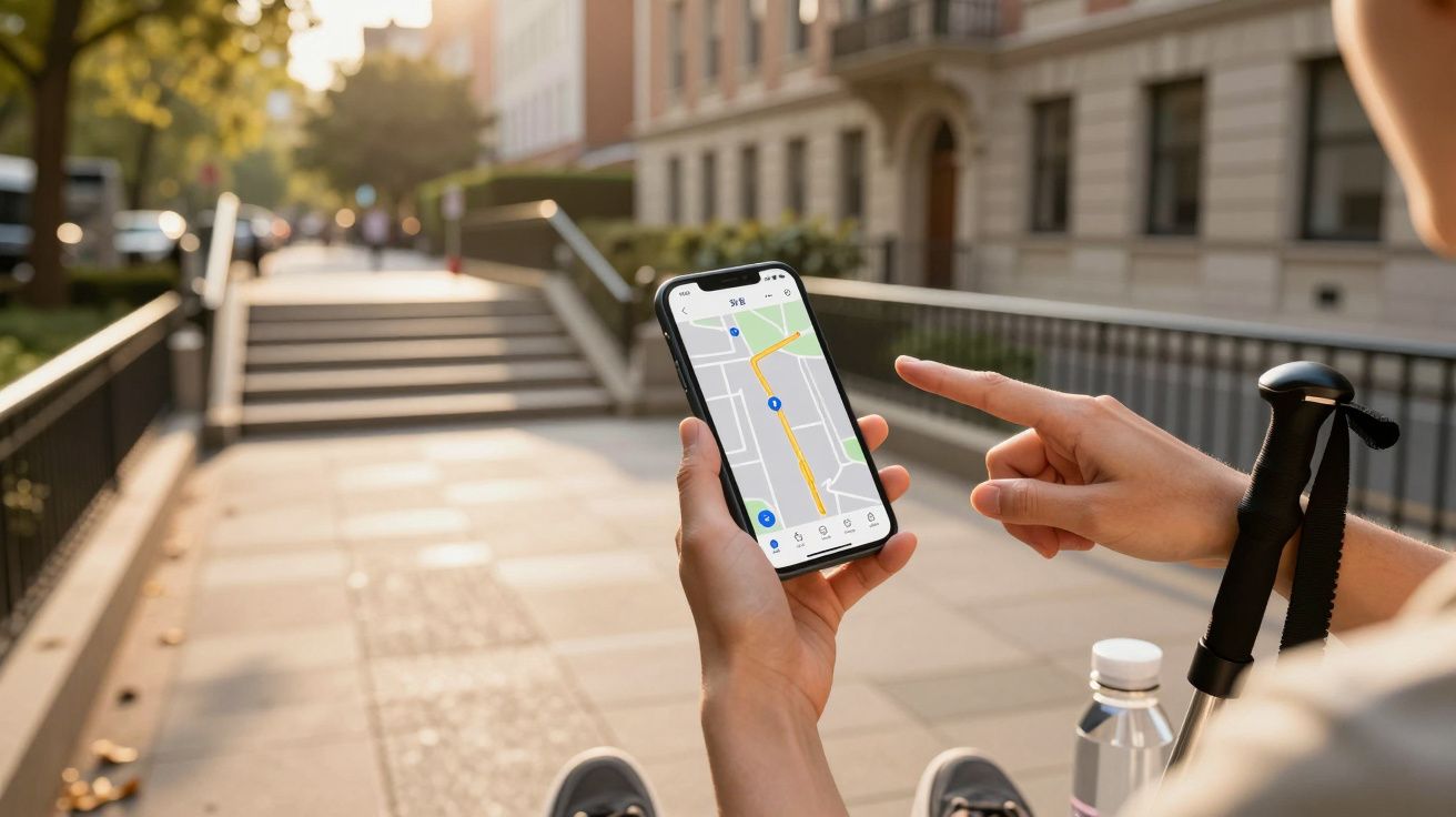 Pessoa usando smartphone com um mapa numa rua ensolarada com árvores e prédios ao fundo.