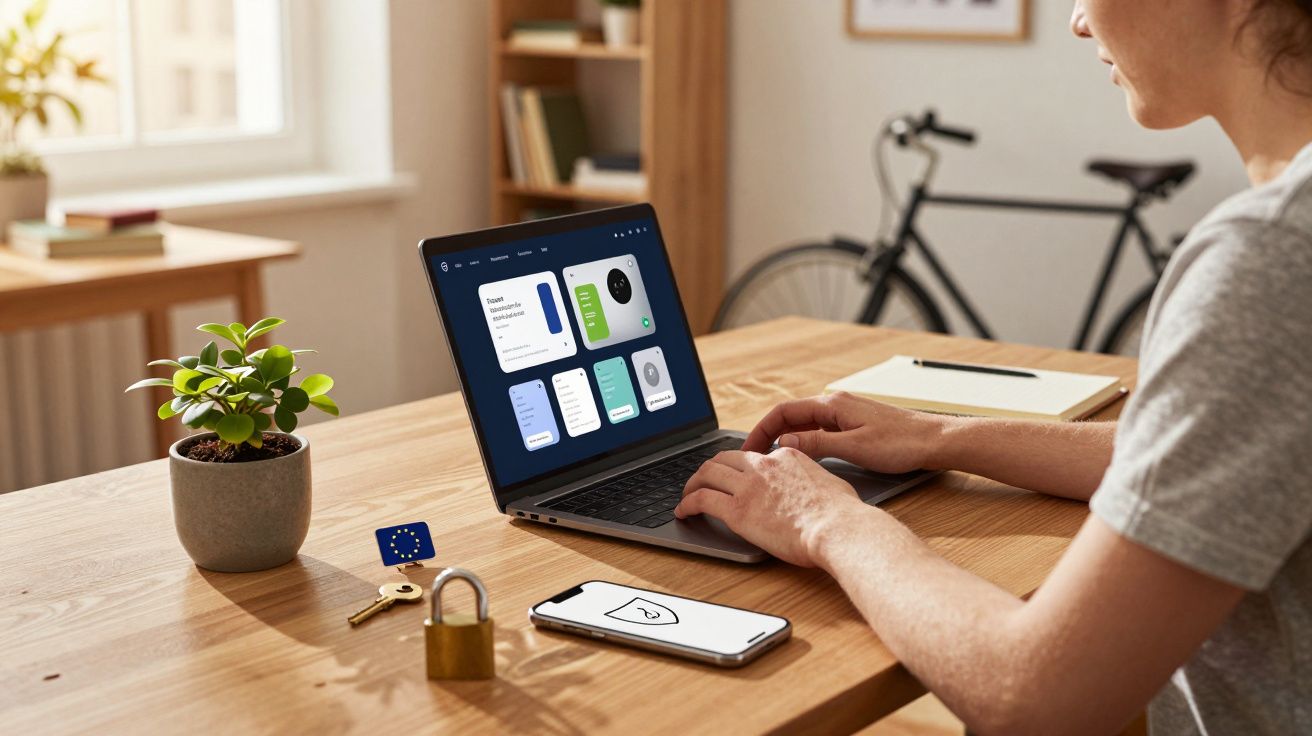 Pessoa a trabalhar num portátil numa mesa com planta, telemóvel, cadeado e bandeira da UE. Bicicleta ao fundo.