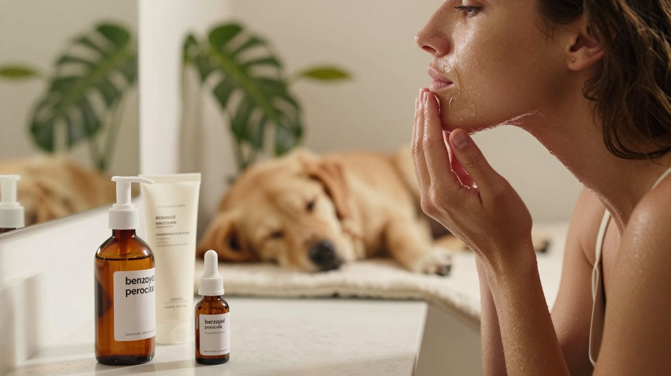 Mulher aplicando creme facial no espelho, com produtos de skincare na bancada e um cão a dormir ao fundo.