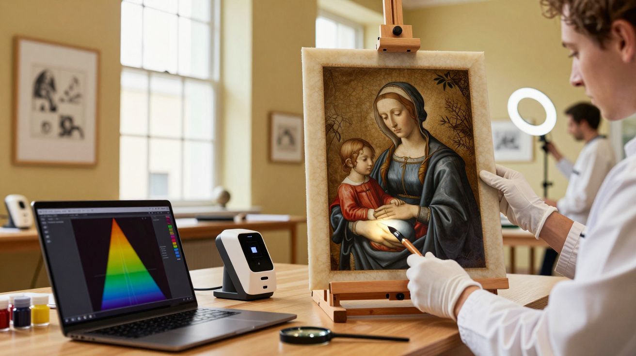 Conservador analisa pintura renascentista em estúdio, usando tecnologia digital e luz focal, com portátil ao lado.