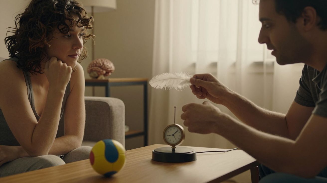 Homem mostra pena a mulher sentada. Na mesa, um cronómetro e uma bola colorida. Ambiente de sala iluminada.