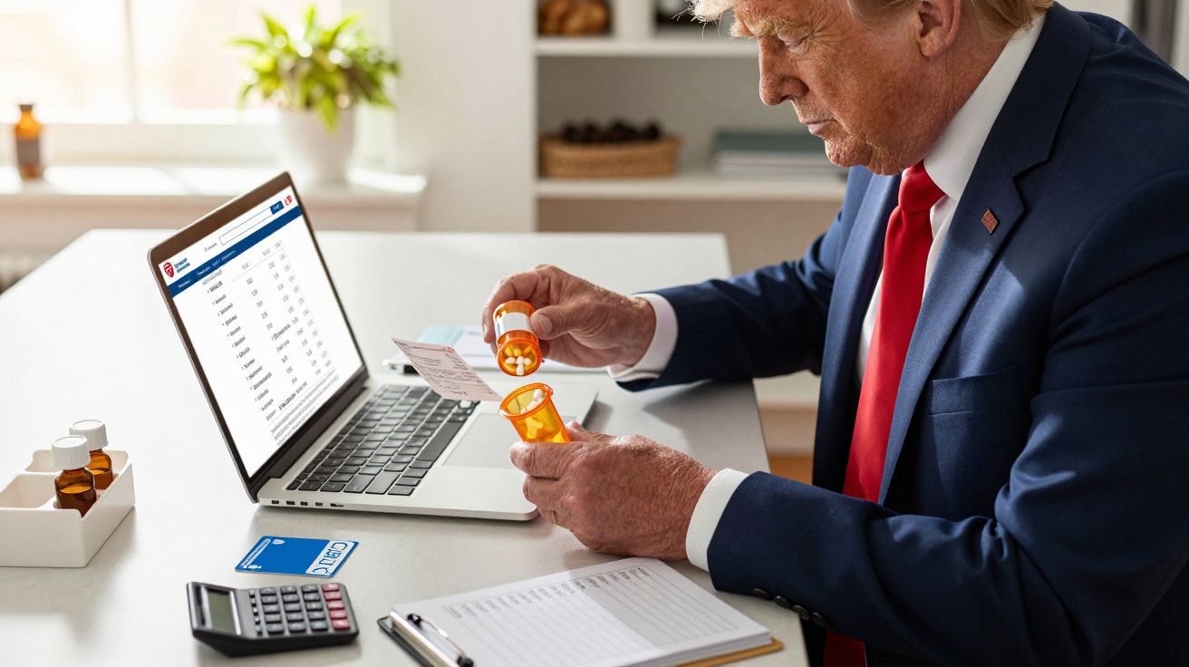 Homem de fato e gravata verifica frascos de comprimidos, sentado à mesa com computador portátil, bloco de notas e calculadora