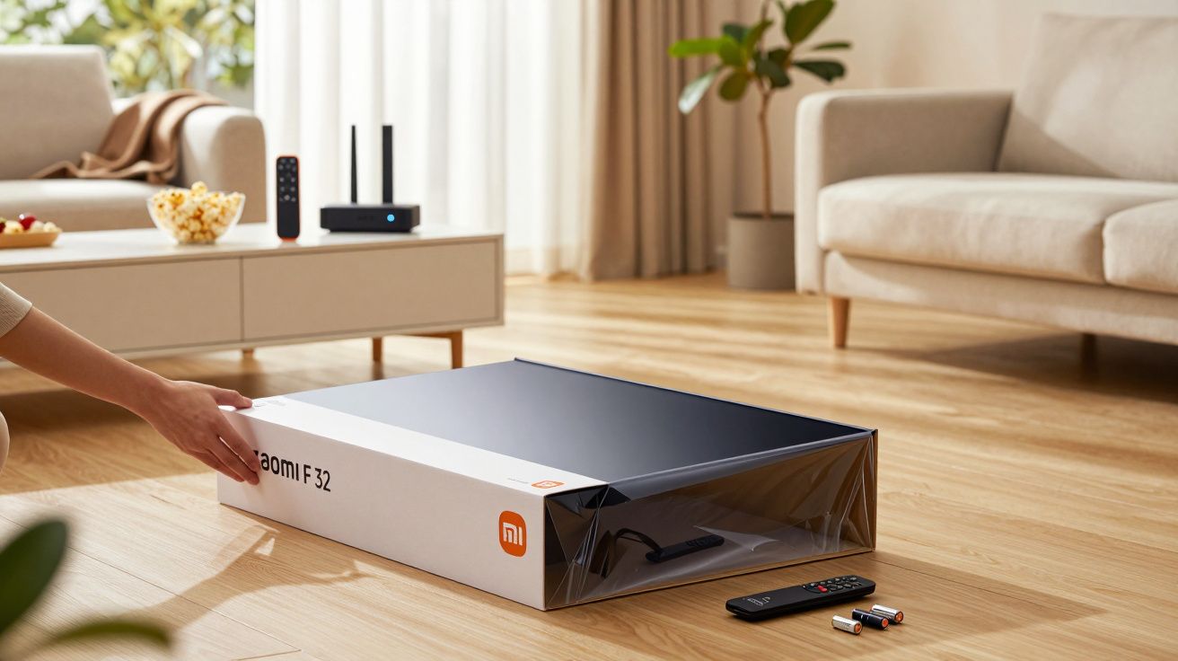 Pessoa a desembrulhar uma TV Xiaomi F32 numa sala moderna, com comando e pilhas no chão.