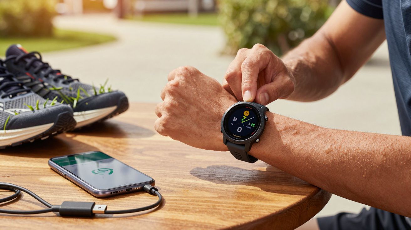 Homem ajusta smartwatch em mesa com telemóvel e ténis ao lado.