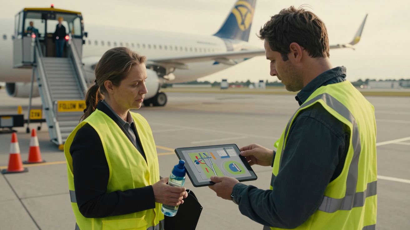 Funcionários do aeroporto com coletes refletores analisam um tablet na pista, com um avião ao fundo.