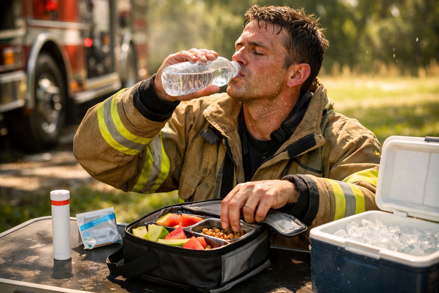 Bombeiro em descanso, bebe água e come fruta de uma lancheira. Fundo com carrinha de bombeiros e caixa térmica.