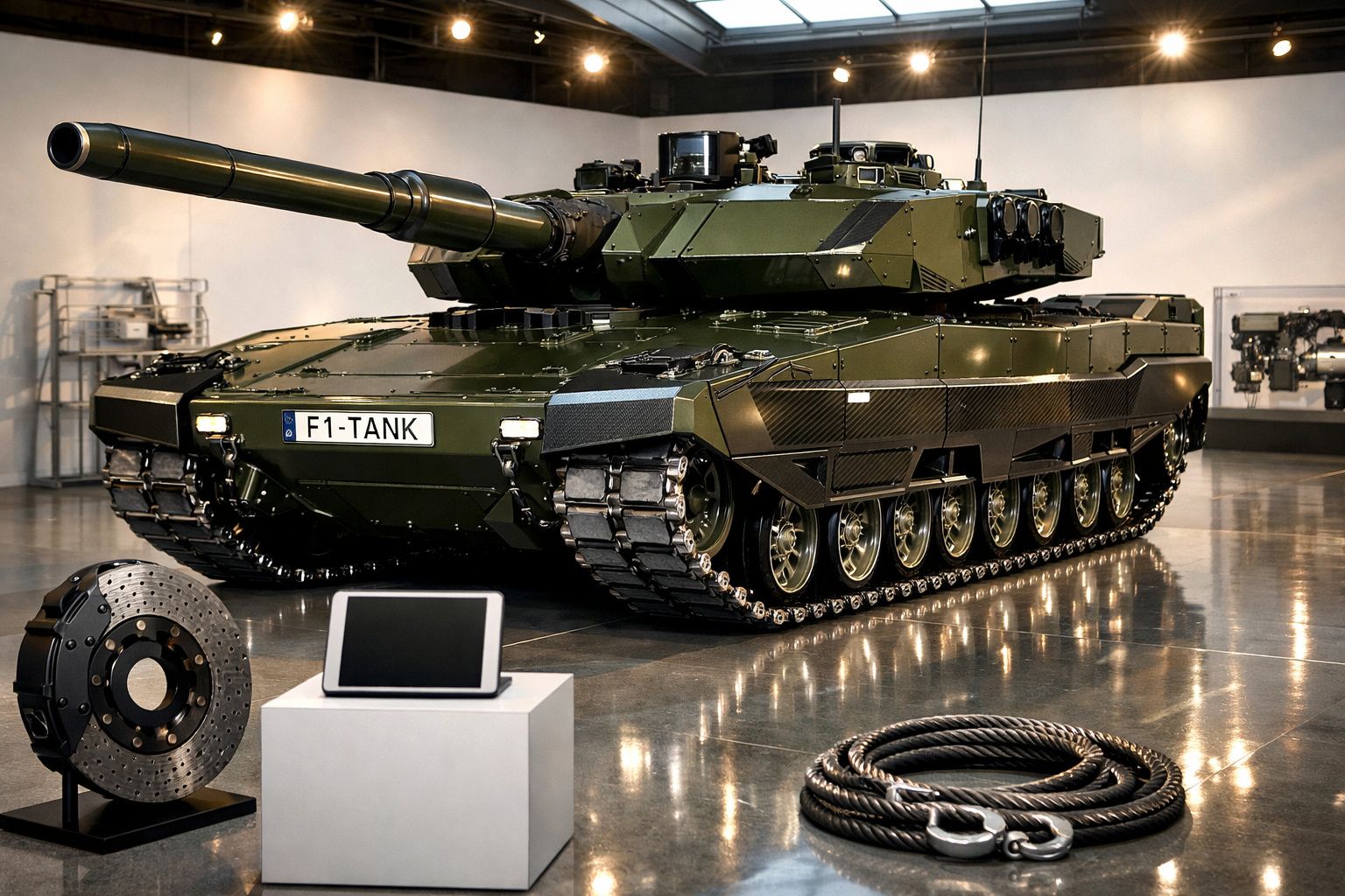 Tanque militar verde escuro exposto em museu, com itens de tecnologia em primeiro plano.