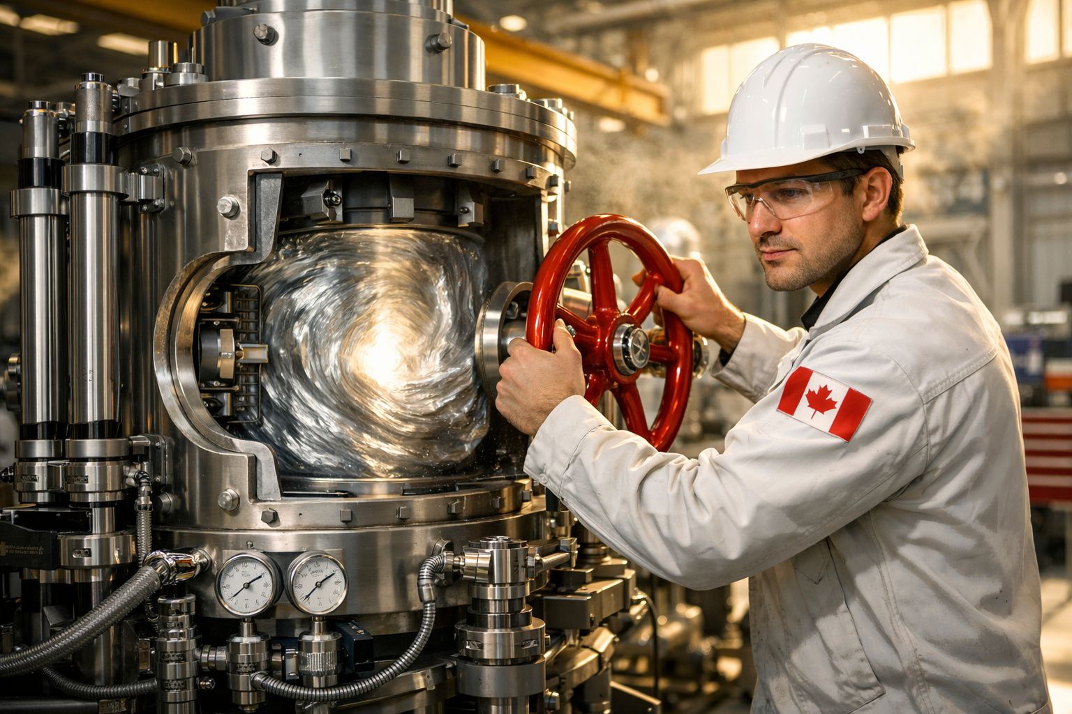 Engenheiro com capacete ajusta válvula numa máquina industrial, com bandeira do Canadá no braço.