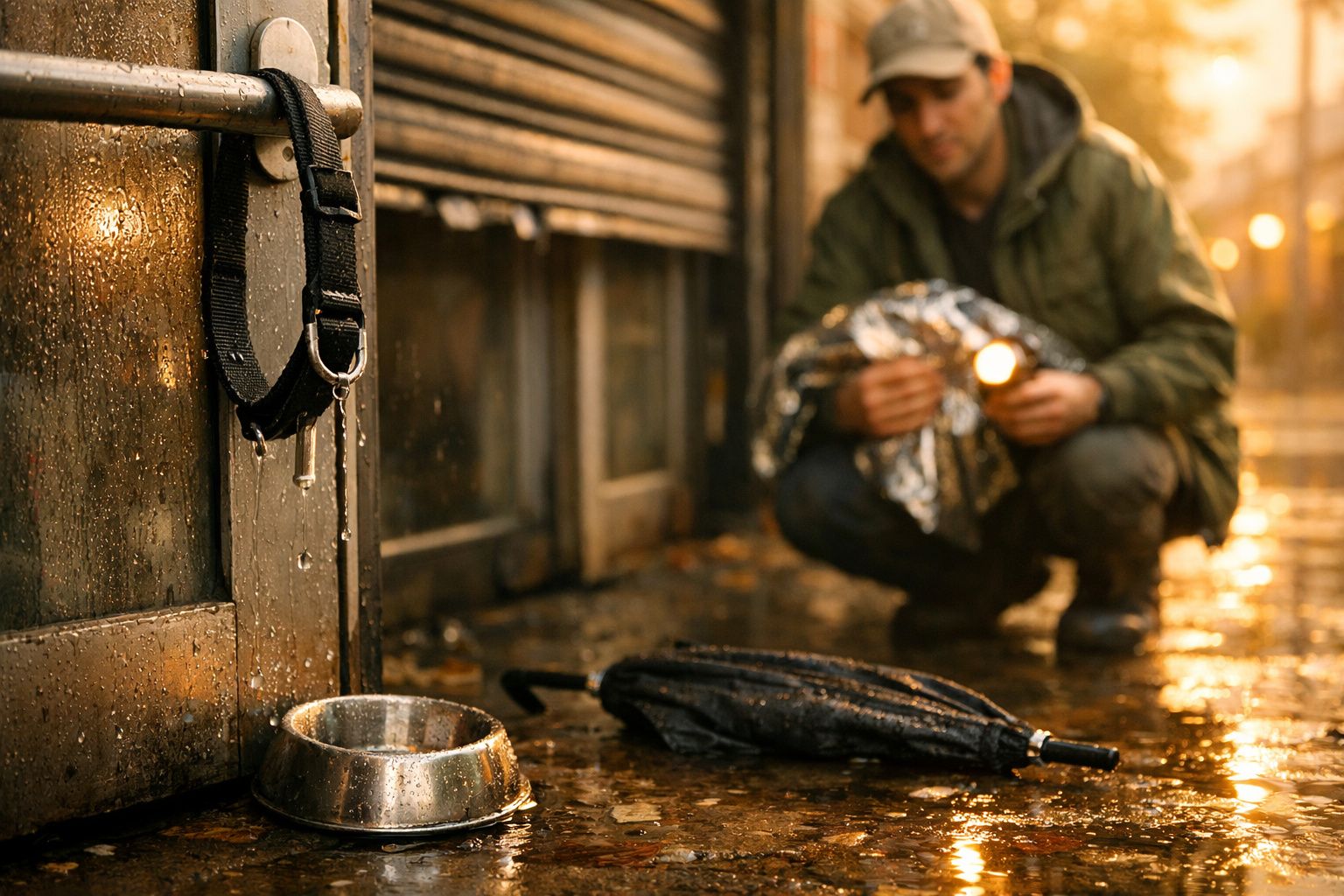 Homem agachado no passeio, segurando uma lanterna. Chão molhado com guarda-chuva fechado e tigela de cão.