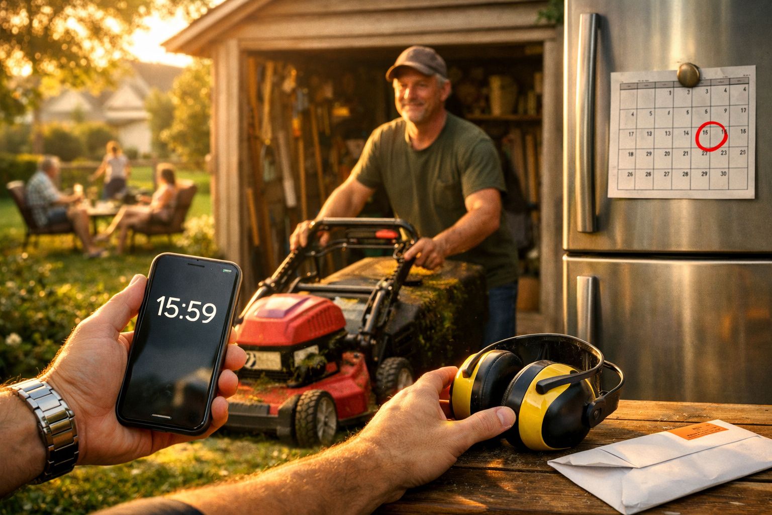 Homem corta relva com um cortador. Telefone mostra 15:59. Pessoas relaxam no jardim. Calendário na parede.