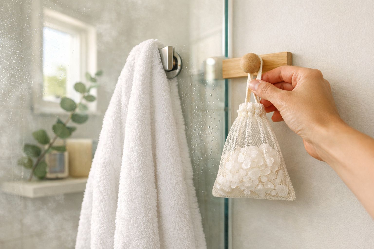 Mão pendura saco de sais de banho numa casa de banho ao lado de uma toalha branca.