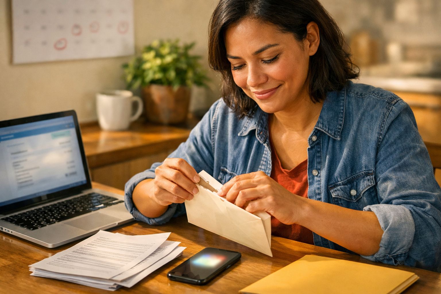 Mulher sorridente abre envelope enquanto trabalha em casa, com portátil e papéis na mesa.