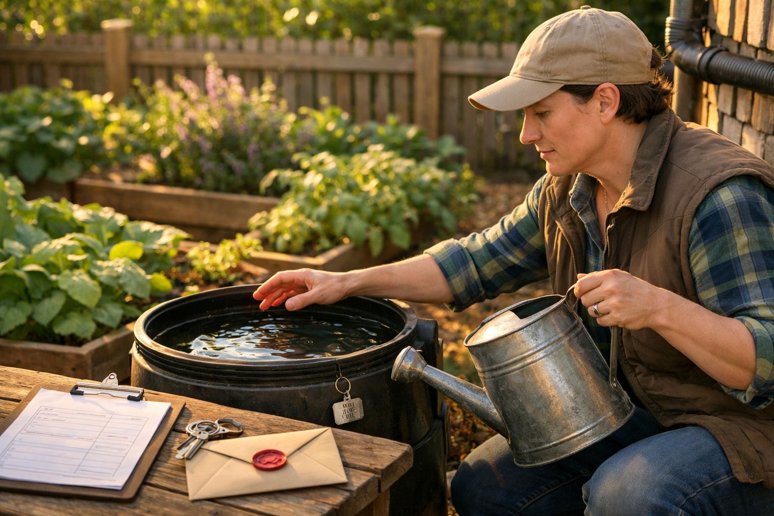 Pessoa recolhe água de um recipiente no jardim para um regador, com prancheta e envelope ao lado.