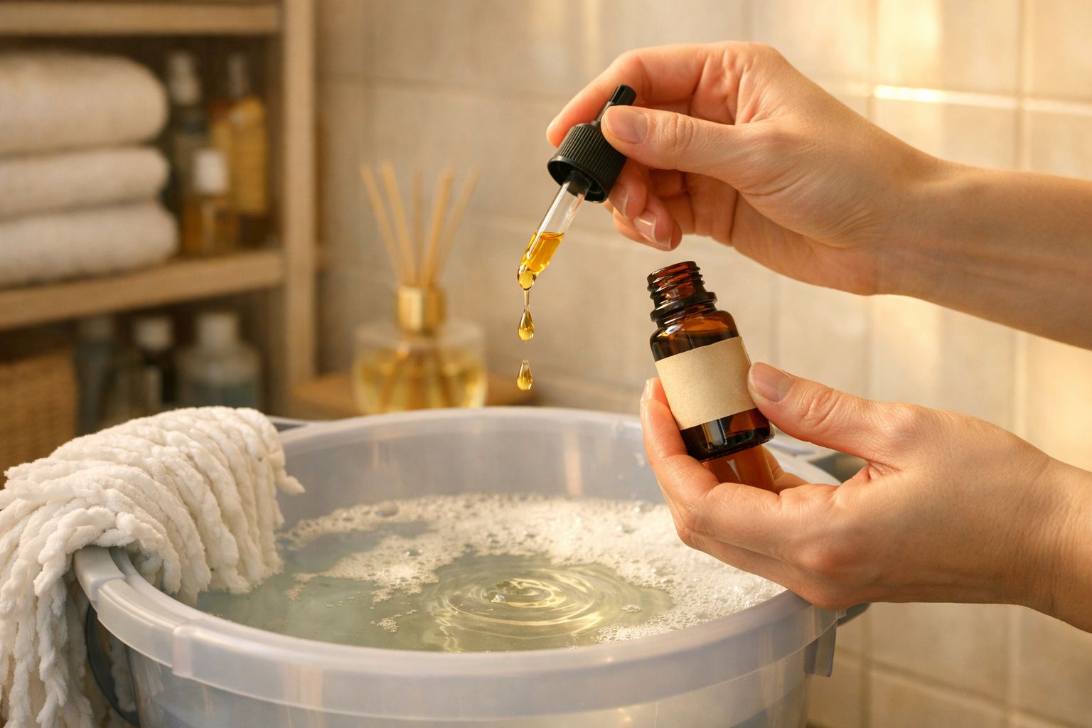Mãos colocando gotas de óleo essencial em balde com água espumante, toalhas e frasco de vidro ao fundo.